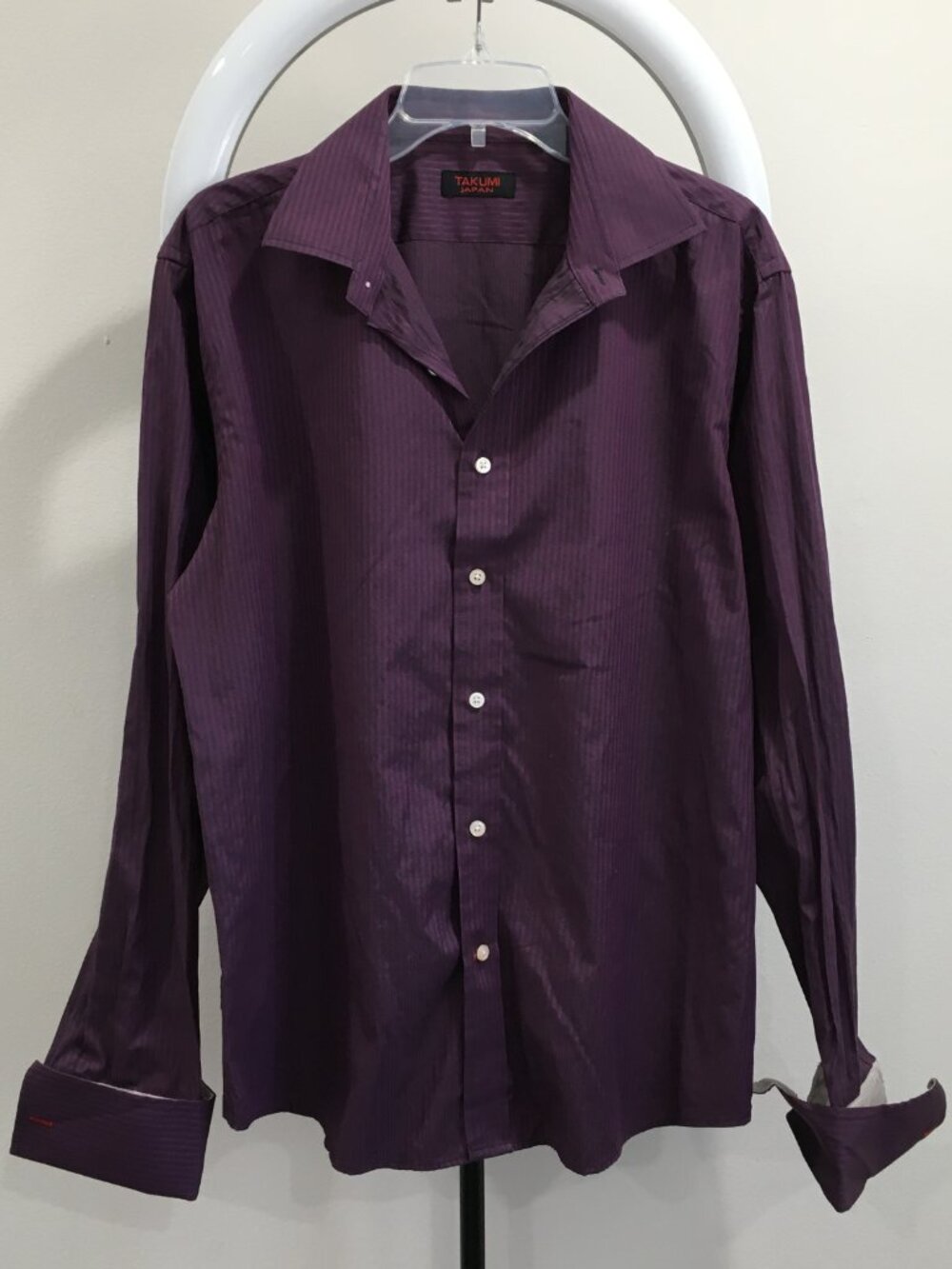 TAKUMI Japan Purple Gray Textured Striped Long Sleeve French Cuff Button Shirt